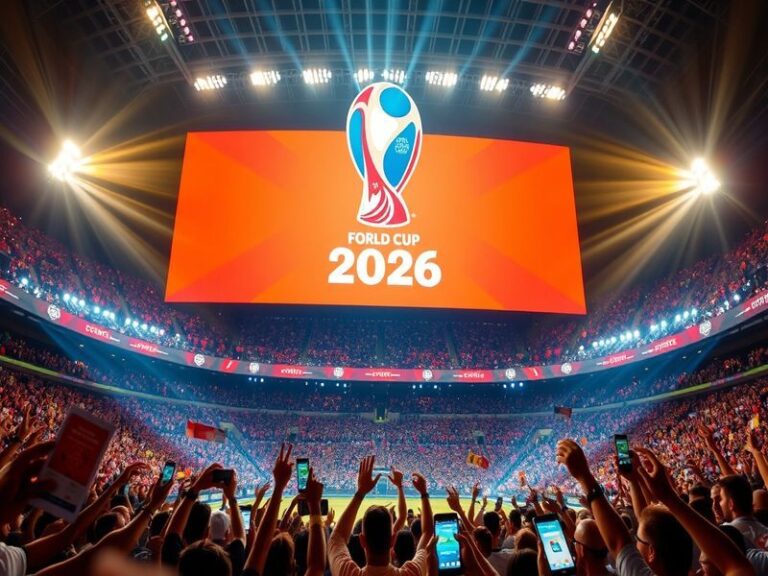 A vibrant stadium filled with cheering fans under bright lights, showcasing the electric atmosphere of a World Cup match. The