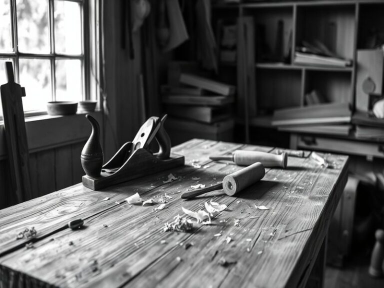 A vintage workshop scene featuring John Sauer surrounded by early prototypes of skateboard trucks and snowboard bindings, wit