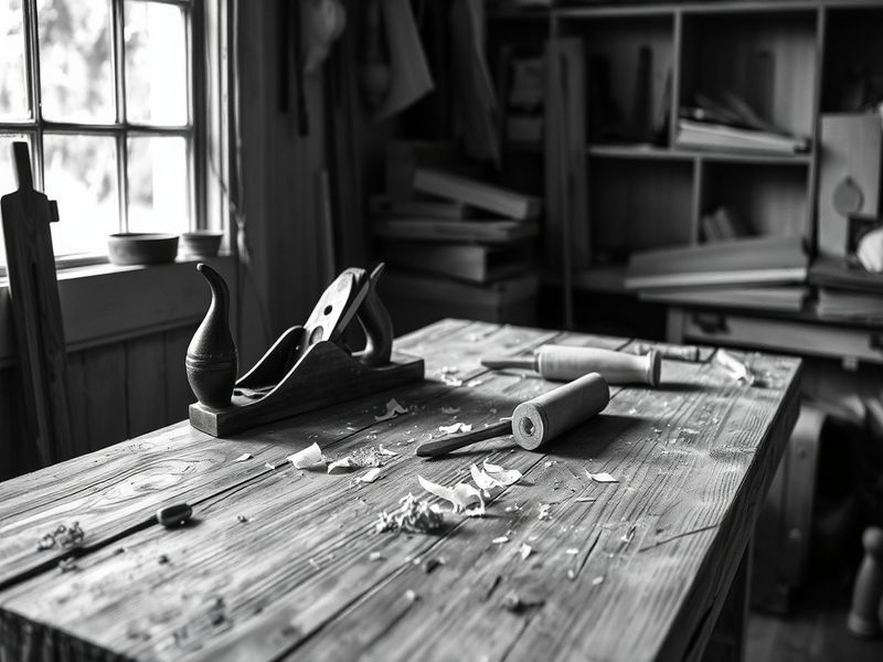 A vintage workshop scene featuring John Sauer surrounded by early prototypes of skateboard trucks and snowboard bindings, wit