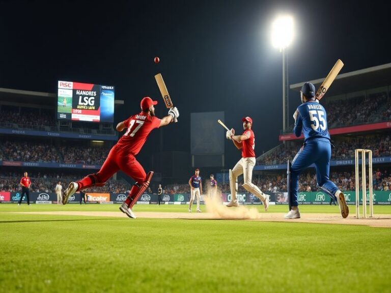 A vibrant cricket stadium with LSG and DC players in action, fans in the stands cheering, and the scoreboard showing a close