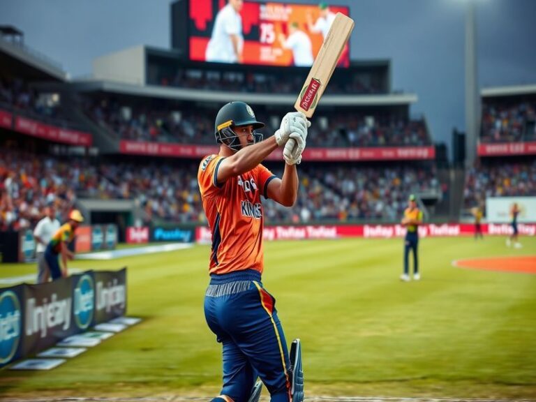A packed cricket stadium under floodlights, with players from Hyderabad Kingsmen and Multan Sultans in action. The Kingsmen’s