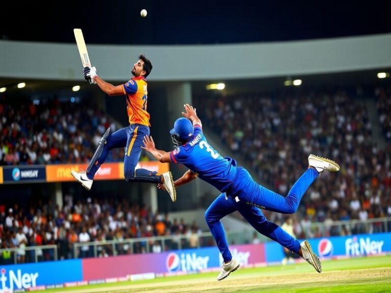 A dynamic cricket match scene between LSG and DC players in action, with KL Rahul and Prithvi Shaw in the foreground, a packe
