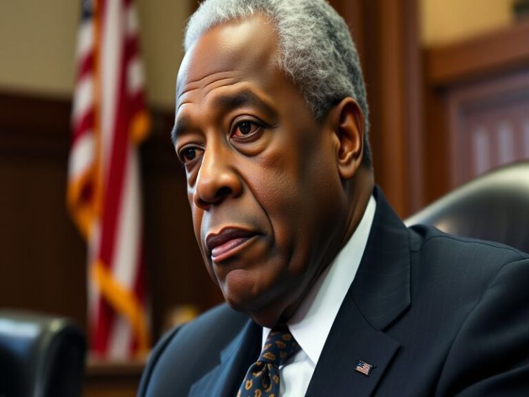 A formal portrait of Clarence Thomas in his Supreme Court robes, seated in a courtroom with the American flag visible in the