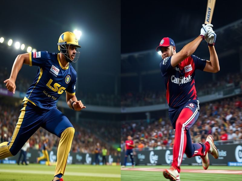 An action-packed cricket match between LSG and DC, featuring KL Rahul mid-shot, Naveen-ul-Haq bowling, and a jubilant LSG tea