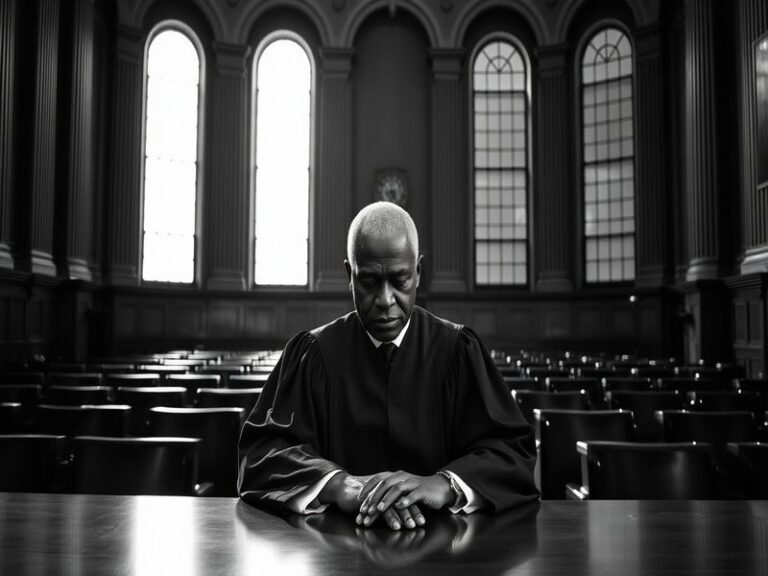 A formal portrait of Supreme Court Justice Clarence Thomas seated in a high-backed leather chair, wearing a dark robe with a