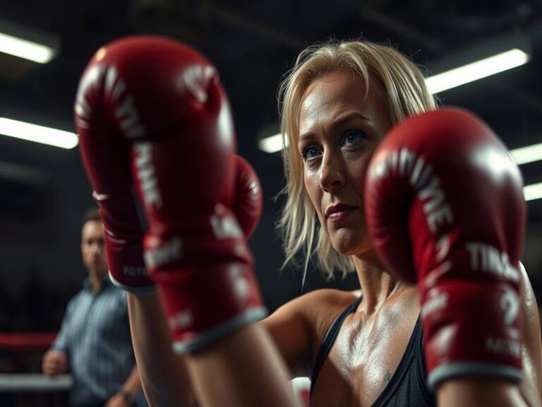Terri Harper in her boxing gear, mid-action during a fight, with a determined expression. The setting is a brightly lit ring,