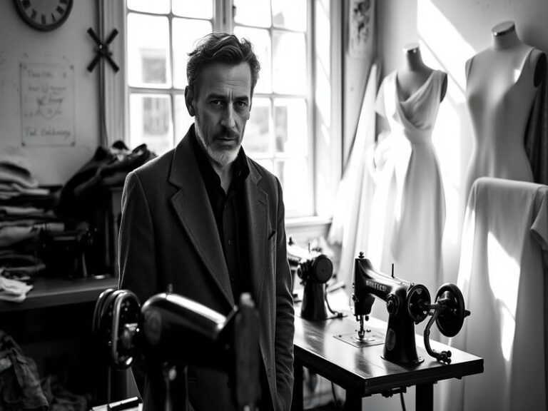 A thoughtful portrait of Alasdhair Willis in a minimalist studio, surrounded by cultural artifacts and design sketches. The s