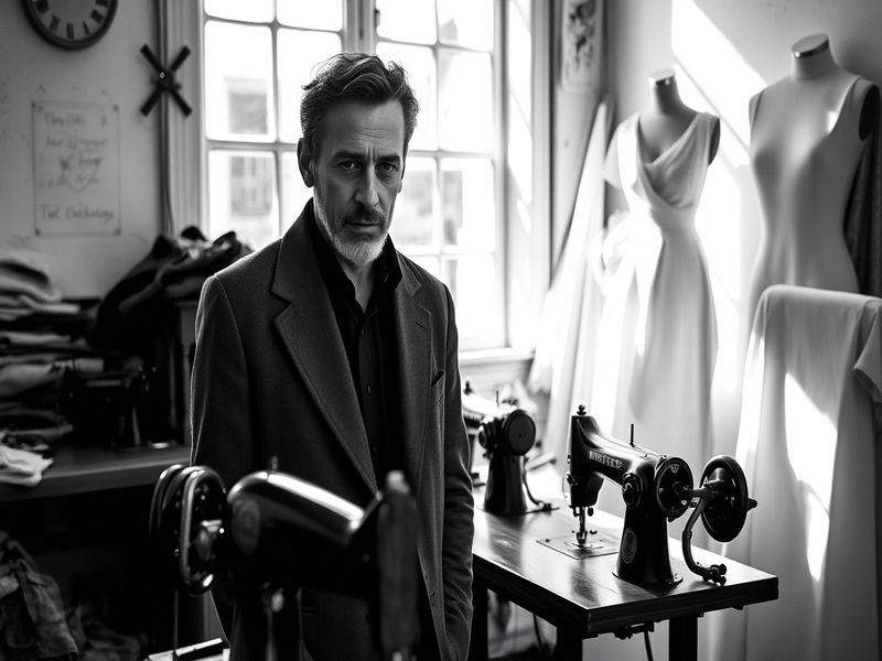 A thoughtful portrait of Alasdhair Willis in a minimalist studio, surrounded by cultural artifacts and design sketches. The s