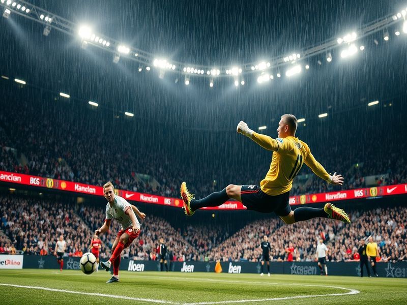 A dramatic action shot of Bayern Munich and Manchester United players mid-match, with the Allianz Arena and Old Trafford stad