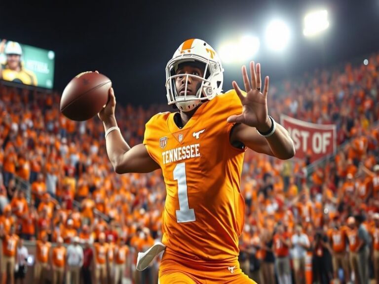 A dynamic action shot of Hendon Hooker in a Tennessee Volunteers uniform, mid-pass with defenders in pursuit, showcasing his