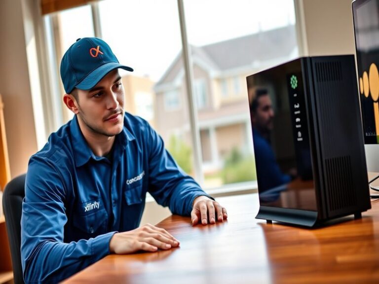 A split-screen image showing a modern suburban home with an Xfinity van parked outside and a smartphone displaying the Xfinit