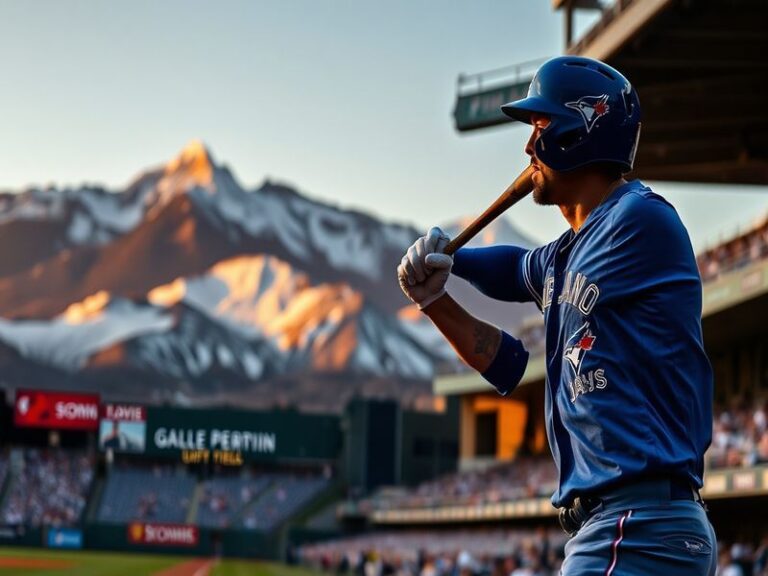 A split-screen image showing a Rockies pitcher in mid-windup on the left and a Blue Jays batter in a powerful swing on the ri