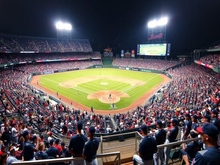 A split-screen image of an Athletics player at bat facing a Braves pitcher on the mound, with Oakland Coliseum and Truist Par