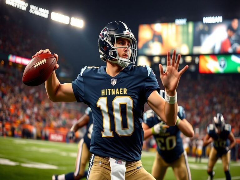 A dynamic action shot of Hendon Hooker in a Tennessee Volunteers uniform, mid-throw with defenders in the background, capture