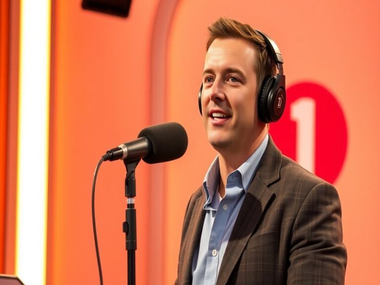 A split-image illustration: on the left, a nostalgic photo of Scott Mills in the Radio 1 studio during the 2000s; on the righ