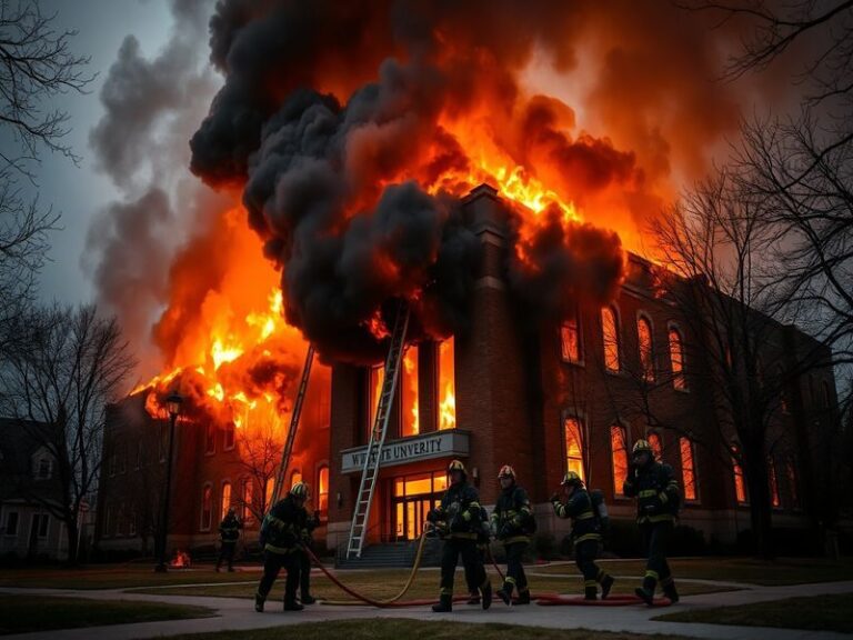 A nighttime scene of Wayne State University’s campus with emergency responders attending to a fire in a dormitory, smoke visi