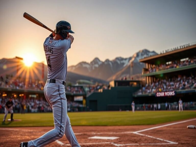 A split-image visual: left side shows Coors Field with the Rocky Mountains in the background under bright sunlight, players i