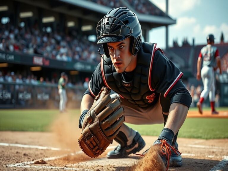 Shea Langeliers in full Oakland Athletics uniform, crouched behind home plate during a game, with a focused expression and a