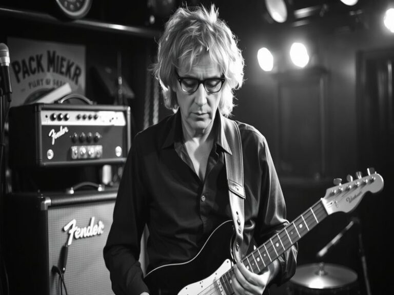 A portrait of Lindsey Buckingham playing guitar on stage, bathed in warm stage lighting, with a vintage microphone stand near
