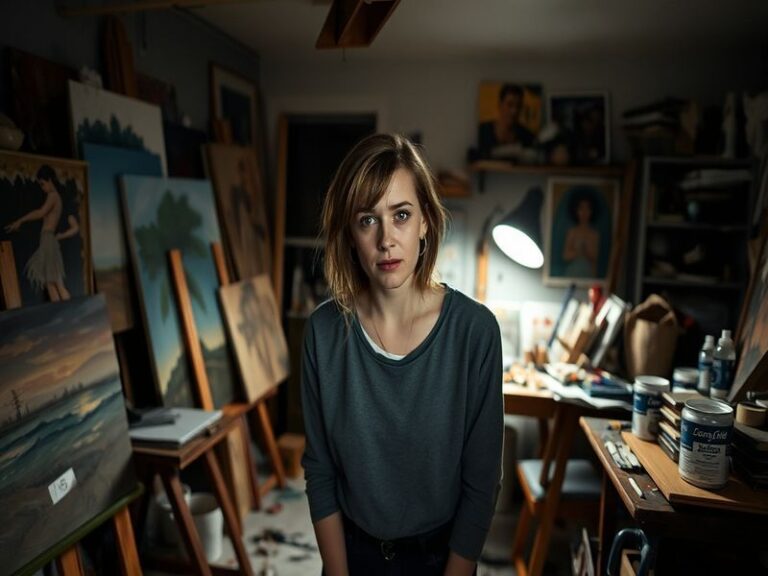 A candid backstage photo of Charlotte Griffiths mid-performance, bathed in warm stage lighting, with a script in hand and an