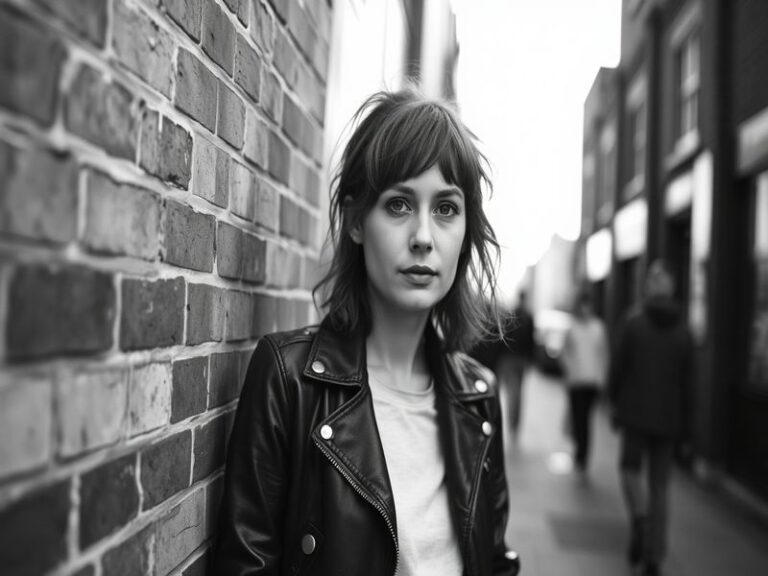 A moody studio portrait of Charlotte Griffiths surrounded by her mixed-media artworks, featuring abstract sculptures and text