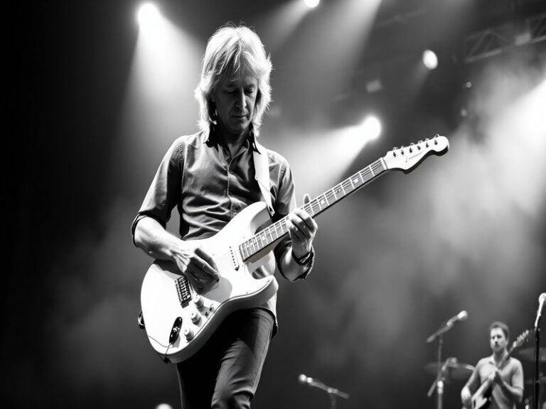 A dynamic live shot of Lindsey Buckingham playing his white Stratocaster guitar on stage, bathed in warm stage lighting with
