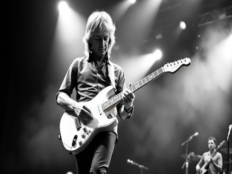 A dynamic live shot of Lindsey Buckingham playing his white Stratocaster guitar on stage, bathed in warm stage lighting with