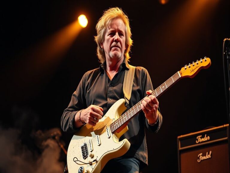 A vibrant live performance shot of Lindsey Buckingham playing his white electric guitar on stage, bathed in warm stage lighti