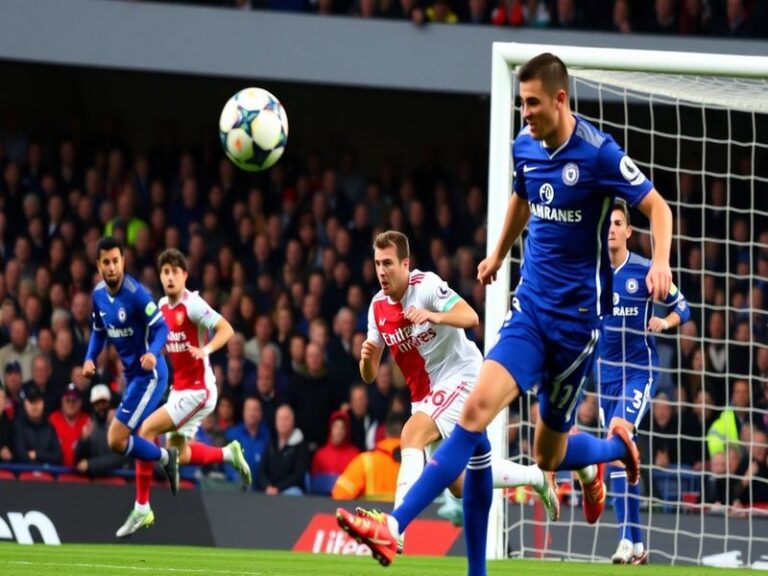 A vibrant stadium atmosphere showing Chelsea and Arsenal players in a heated Premier League match at Stamford Bridge, with fa