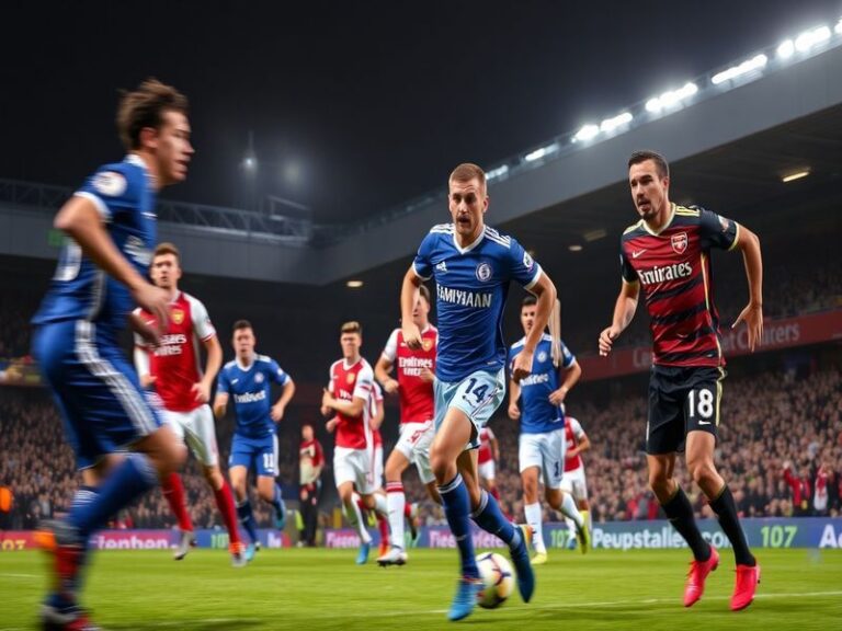 A dynamic shot of Chelsea and Arsenal players contesting a header during a Premier League match at Stamford Bridge, with the