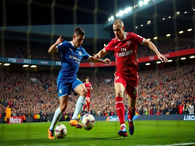 A dynamic shot of two players, one in blue (Chelsea) and one in red (Arsenal), mid-tackle during a Premier League match at St