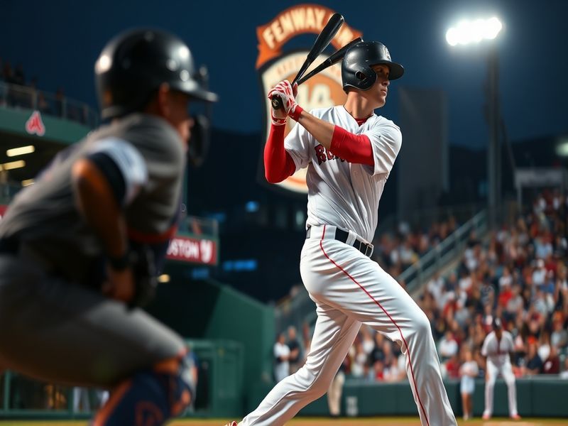 A split-screen image showing a Red Sox player in a green uniform at bat on one side and an Astros player in an orange uniform