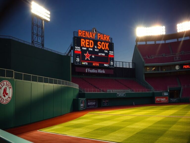 A split-screen image of Fenway Park during a Red Sox game on the left and Minute Maid Park on the right, with a smartphone di