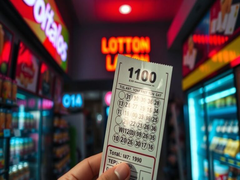 A close-up of a lottery ticket with numbers circled, resting on a table with a lottery ball machine blurred in the background