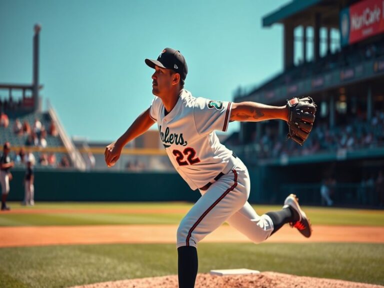A dynamic action shot of Sandy Alcántara in mid-pitch, wearing the Miami Marlins uniform, with a focused expression and the s