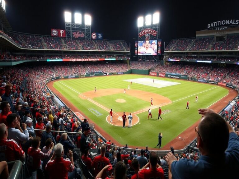 A baseball stadium filled with fans, showing a Nationals batter hitting a home run with Phillies players on the field. The sc