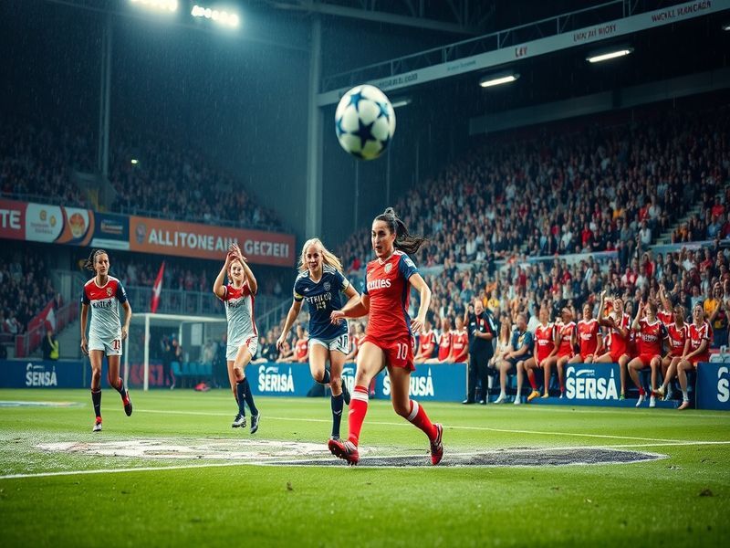 A dynamic action shot of a UEFA Women's Champions League match, featuring players in mid-play on a brightly lit stadium pitch