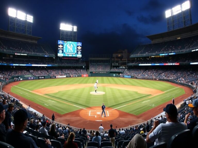 A split-screen image showing a Yankees batter mid-swing at Yankee Stadium on one side and Julio Rodríguez preparing to bat at