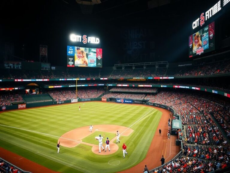 A split-screen image showing a Mets batter at bat in New York and a Cardinals player in St. Louis, with overlay graphics of s
