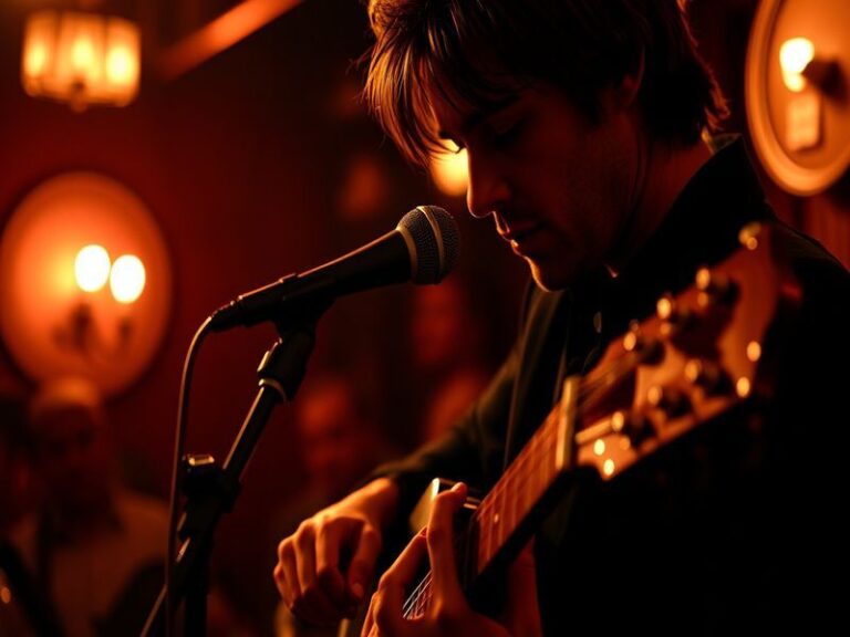 A dynamic portrait of Reeve Carney on stage, playing guitar under warm stage lights with a blurred, ecstatic crowd in the bac