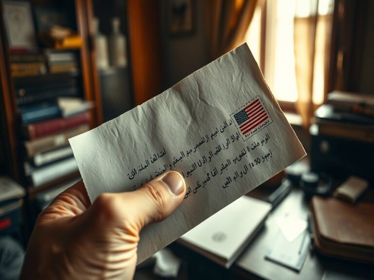 A split-image design: on the left, an official-looking envelope stamped with Iranian and American flags; on the right, a crow