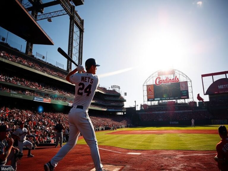 A split-screen image showing a Mets player at bat at Citi Field on one side and a Cardinals player in a St. Louis uniform on
