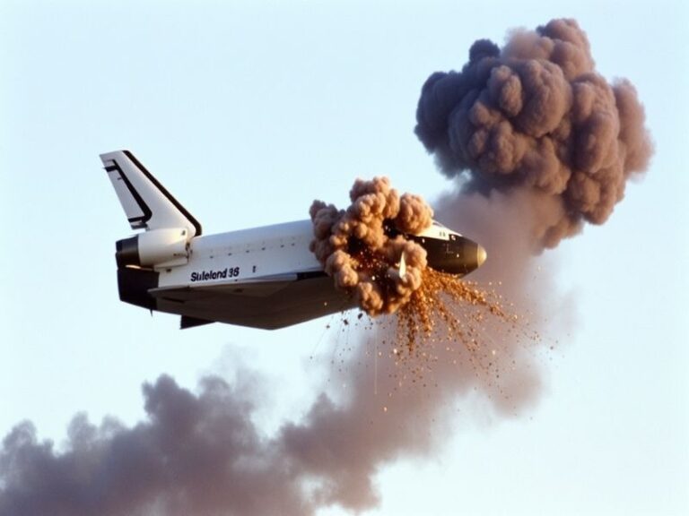 A black-and-white photograph of the Space Shuttle Challenger lifting off from Kennedy Space Center on January 28, 1986, momen