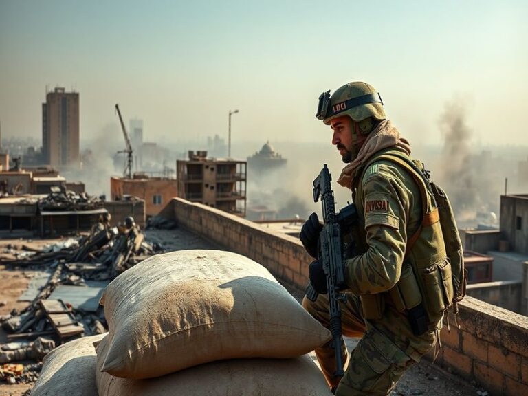 A black-and-white photograph of Iranian soldiers in trenches during the Iran-Iraq War, with smoke rising in the background an