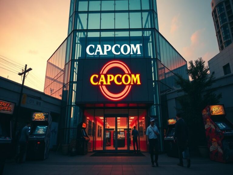 A vibrant arcade-style illustration featuring Capcom's iconic characters: Ryu from Street Fighter, Leon from Resident Evil, a