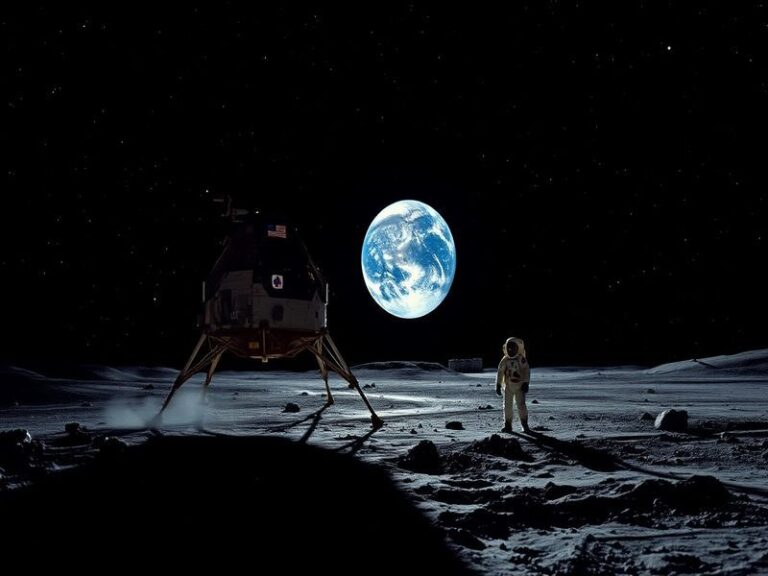 A vintage NASA photograph showing astronaut Eugene Cernan saluting the American flag on the lunar surface during Apollo 17, w