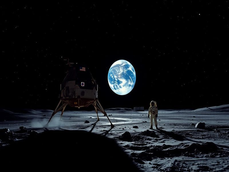 A vintage NASA photograph showing astronaut Eugene Cernan saluting the American flag on the lunar surface during Apollo 17, w
