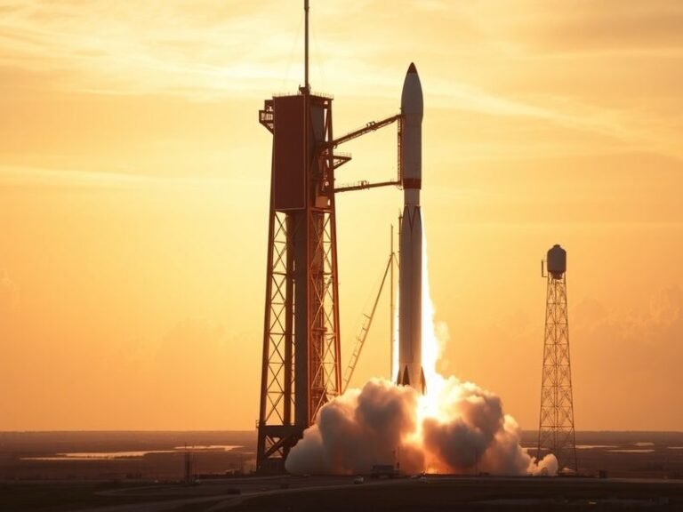 A high-angle shot of Starship on the launch pad at Boca Chica, Texas, with the vehicle fully stacked and engines firing durin