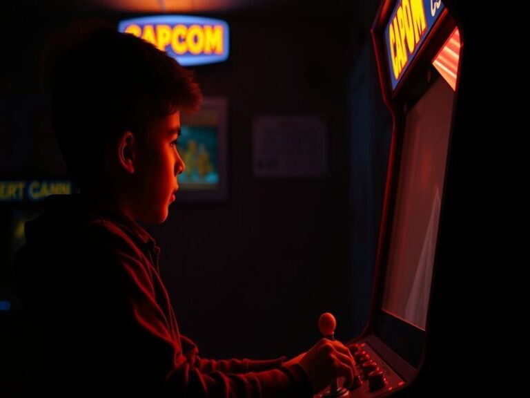 A vibrant arcade-style illustration featuring Capcom's iconic characters like Mega Man, Ryu from Street Fighter, and Leon fro
