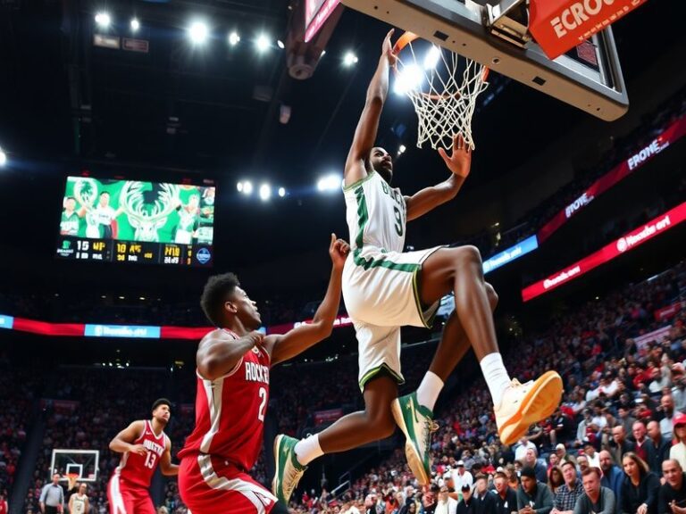 A split-screen image showing Giannis Antetokounmpo defending James Harden during the playoff series. Giannis is in a Bucks je